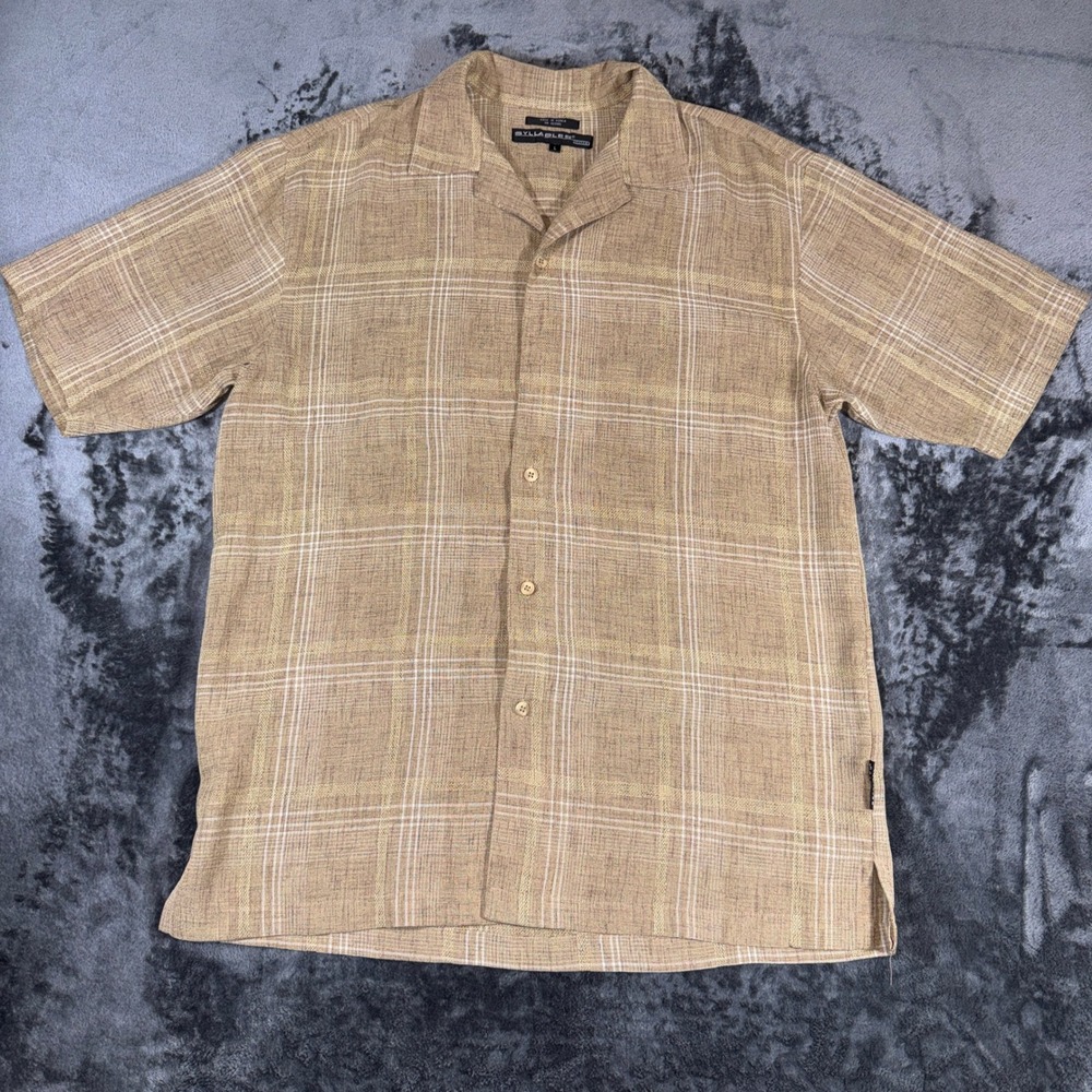 Syllables System Mens Large Brown Plaid Short Sleeve Button Down Shirt RN 103185